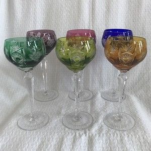 BOHEMIAN Cut-To-Clear Crystal MARSALA 8 1/4" Jewel Tone Goblets/Barware-Set Of 6